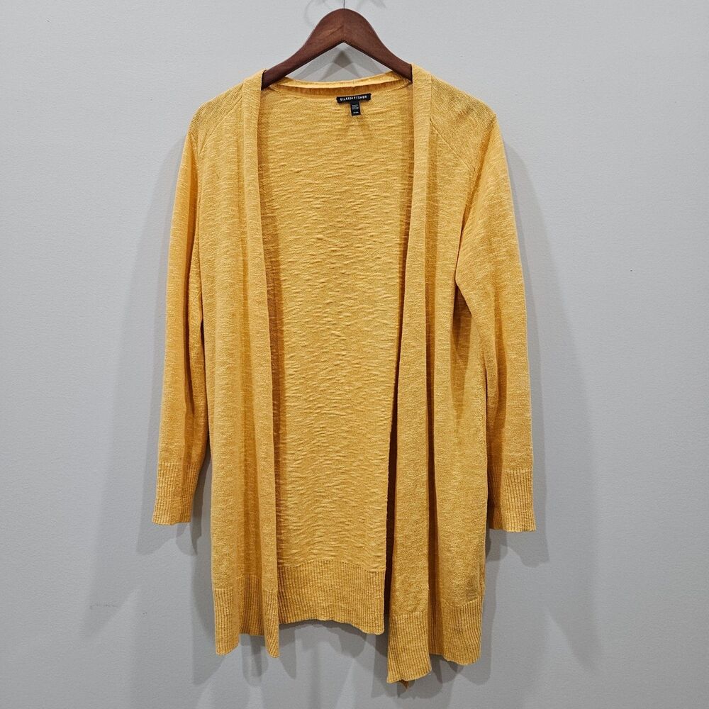 Eileen Fisher Womens Linen Blend Open Cardigan Sweater M Yellow Beachy Oversized